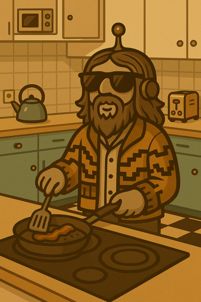 Lebotski Cooks in Retro Kitchen